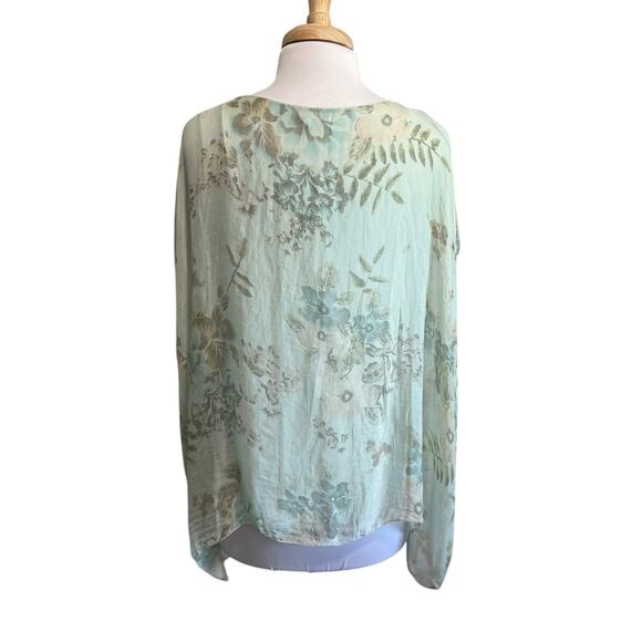 Angela Italy 100% Silk Top Size M Floral Whimsy Cottage Romantic Aqua - Picture 5 of 7